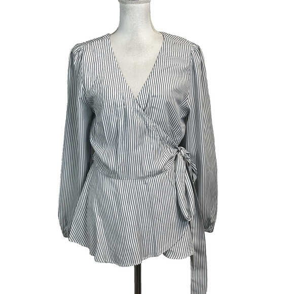 Ann Taylor Loft Blouse size Medium Blue White Striped Wrap Ruffles Bow Career - Picture 1 of 8